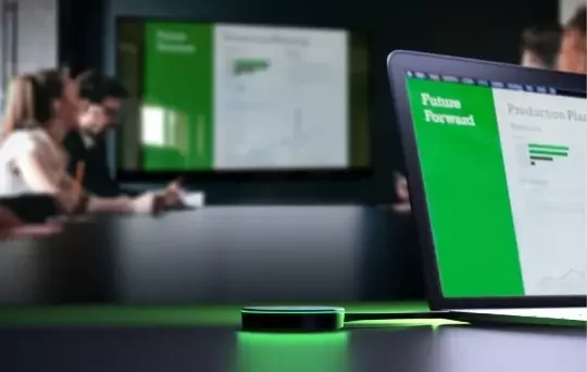 Crestron AirMedia wireless presentation system enabling driverless connectivity and presenting without driver installation.